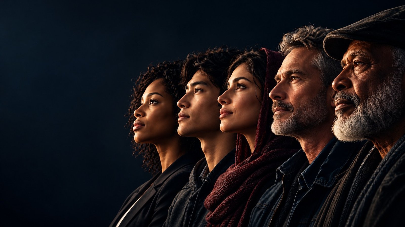 Five people across generations looking toward a shared horizon.